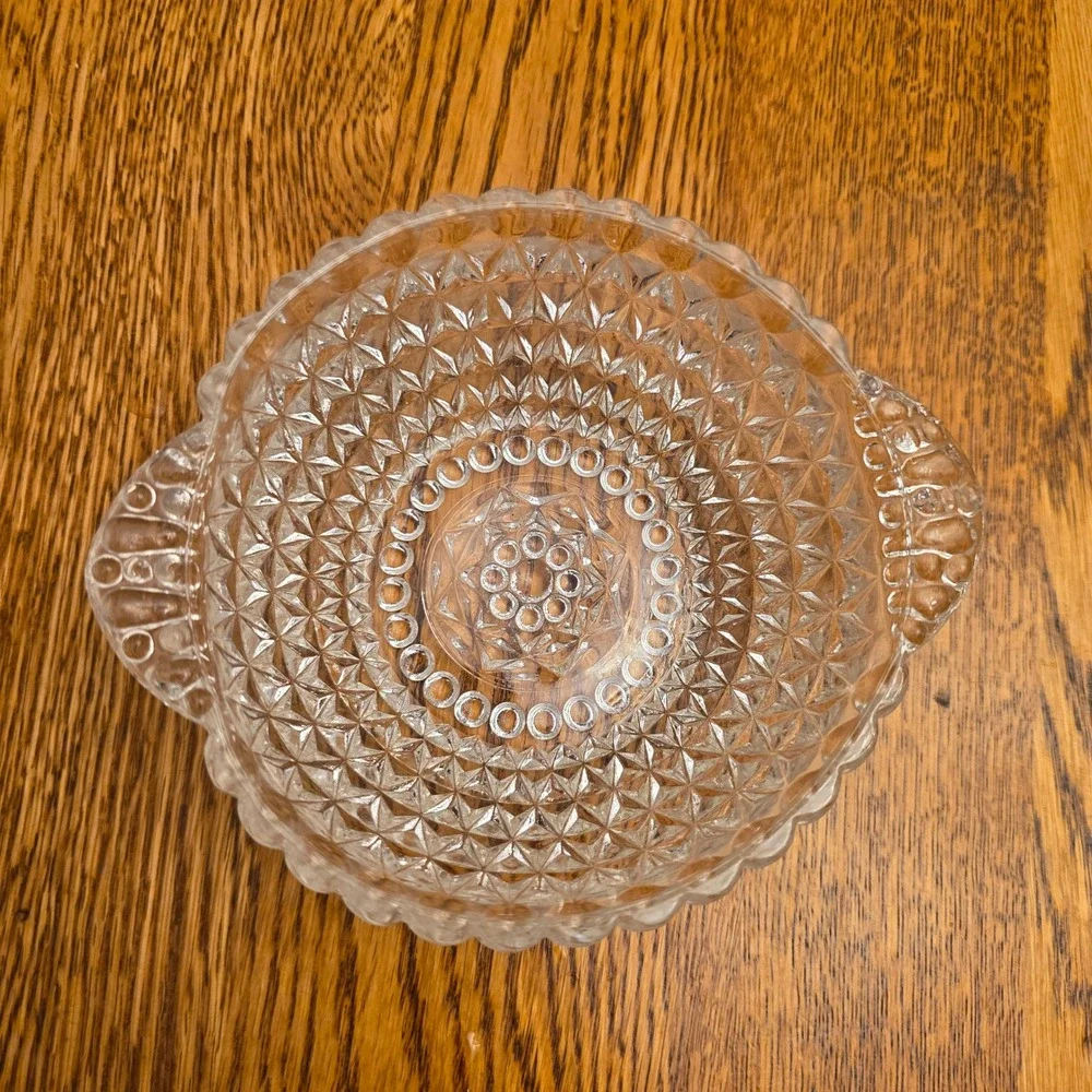 Vintage Pressed Glass Bowl Diamond Point Hobnail Starburst Handled Dish‎ MCM
